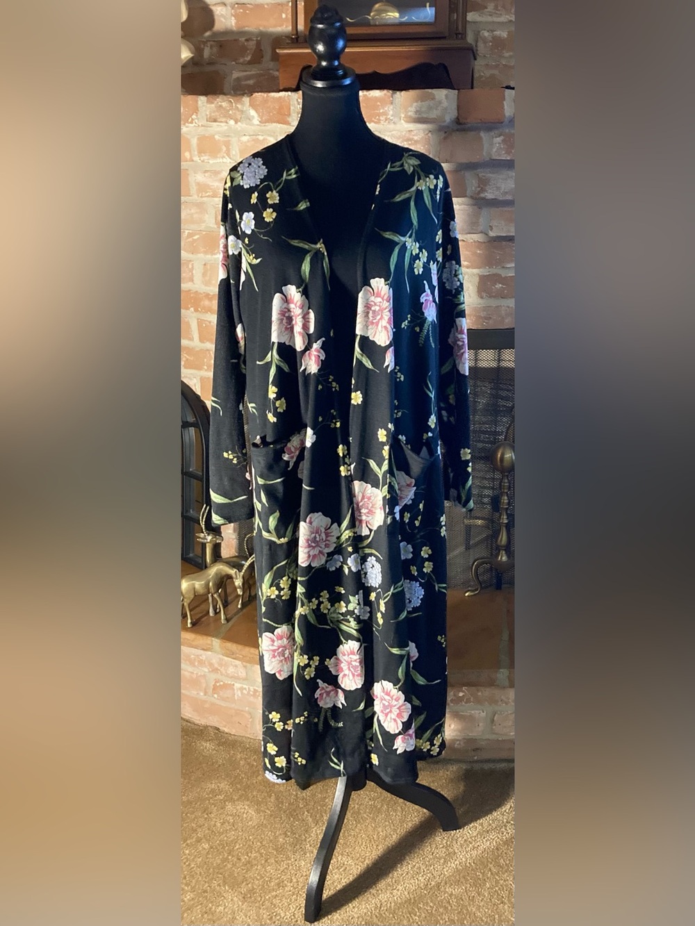 LuLaRoe Black Floral Open Maxi Cardigan with Pink and Green Accents